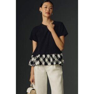 ANTHROPOLOGIE MAEVE Short Sleeve T Shirt Top Size Medium Plaid Hem Black White
